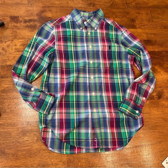 Ralph Lauren, blue red green plaid button down boys, shirt, size, medium 10-12 - Picture 1 of 4